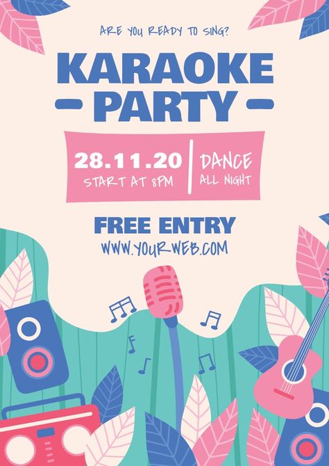 Karaoke Poster Design, College Event Poster, Karaoke Party Invitations, College Poster Design, Karaoke Illustration, Karaoke Poster, Event Poster Design Inspiration, College Events, Contest Poster