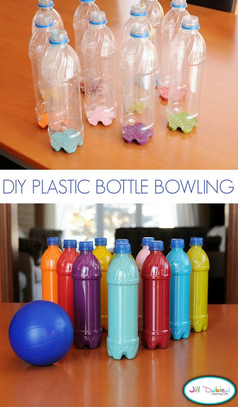 Plastic Bottle Bowling Tutorial Diy Bowling, Diwali Activities, Fun Bowling, Water Bottle Crafts, Bbq Games, Kid Games, Bowling Games, Diy Plastic Bottle, Aktivitas Montessori