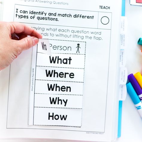 How to Actually Teach Reading Comprehension: WH Questions - Speech Peeps Teach Reading Comprehension, How To Teach Wh Questions, Interactive Worksheets For Kids, Wh Words Worksheet, Question Words Activities, Question Words Worksheet, Wh Questions Worksheet, Wh Questions Games, Wh Question Words