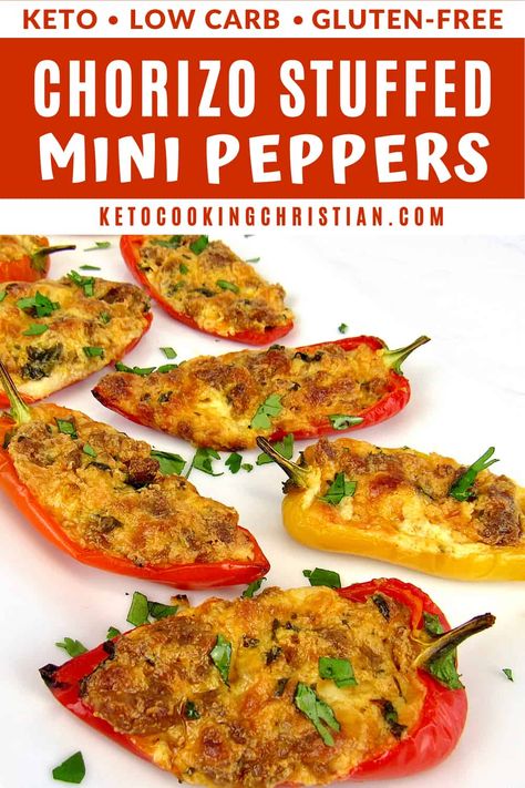 Chorizo Stuffed Mini Peppers Mini peppers are stuffed with savory chorizo sausage and ooey, gooey cheese and baked to perfection for a mouth-watering low carb appetizer. #ketostuffedpeppers #lowcarbstuffedpeppers #stuffedpeppers Low Carb Appetizer, Low Carb Stuffed Peppers, Gluten Free Party Food, Sweet Pepper Recipes, Keto Stuffed Peppers, Keto Pork, Mini Peppers, Keto Appetizers, Mini Sweet Peppers