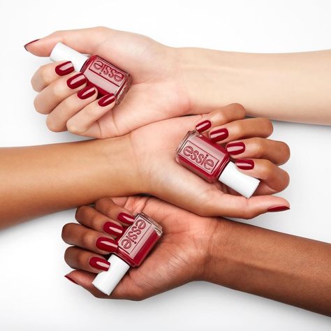 Essie "Hear Me Aurora" on brown skin,  red nail polish on brown skin,  brown skin swatches. | @essie Brown Hands, Natural Nail Art, Nail Polish Trends, Red Nail Polish, Lipstick Swatches, Red Nail, Brown Skin, About Hair, Black Nails