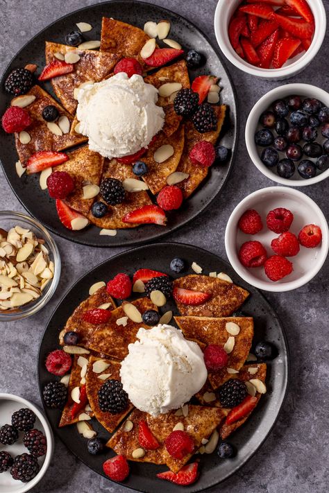 Sweet Nachos Desserts, Fruit Nachos Desserts, Desert Nachos, S’mores Nachos In Oven, Dessert Nachos Recipe, Cinnamon Sugar Tortilla Chips, Mixed Berry Dessert, Cinnamon Sugar Tortilla, Food Polls