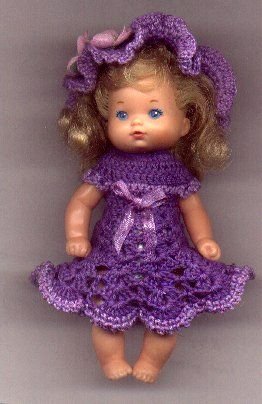 Lavender Dolls, Crochet Barbie Patterns, Crochet Doll Clothes Free Pattern, Crochet Doll Clothes Patterns, Kelly Doll, Crocheted Dress, Barbie Kelly, Crochet Barbie, Dolls Dress