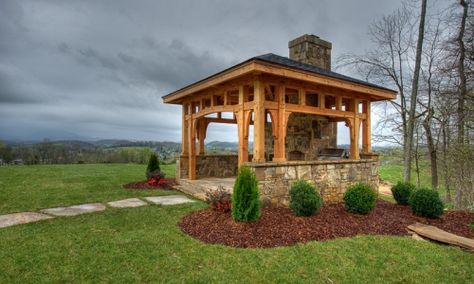 timber frame pavilion with fireplace and wood fired pizza oven Timber Frame Gazebo, Timber Frame Pergola, Timber Frame Pavilion, Covered Outdoor Kitchens, Modern Gazebo, Timber Frame Barn, Gazebo Plans, Outdoor Pavilion, Outdoor Living Rooms