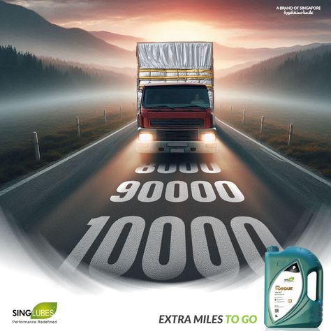 Extra Miles to Go! 🚚 With SingLubes, your journey never stops! Our advanced SING TORQUE 15W-40 engine oil is engineered to keep your engine running smoother, longer, and stronger, no matter how far the road takes you. 💪 Durability and performance are at the heart of what we do like the truck that powers through mile after mile, our lubricants are designed to maximize your engine’s life and efficiency. Choose SingLubes for a drive that’s built to last. Keep going the extra mile with us! #Si... Engine Oil Creative Ads, Logistics Design, Miles To Go, Truck Engine, Extra Mile, Car Ads, Creative Posters, Creative Ads, Ads Creative