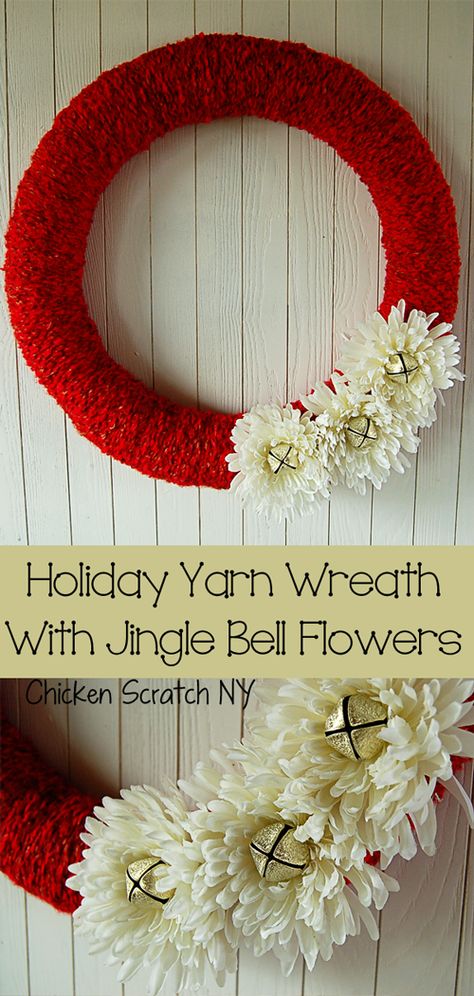 Decorate your door with an easy DIY yarn wreath in festive Christmas colors featuring fake flowers with jingle bell centers #Christmasdecoration #DIYChristmas #Christmaswreath #ChristmasDIY #Christmaswreathideas #EasyChristmasWreath Christmas Yarn Wreaths, Flower Making Crafts, Homemade Christmas Wreaths, Yarn Wreaths, Bell Flowers, Front Door Wreaths, Christmas Yarn, Red Wreath, Door Wreaths Diy