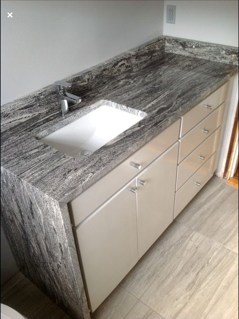 White Granite Bathroom, Granite Waterfall, Granite Bathroom Countertops, Bathroom Waterfall, Waterfall Vanity, Granite Bathroom, Gray Bathroom, Water Fall, Bathroom Counter