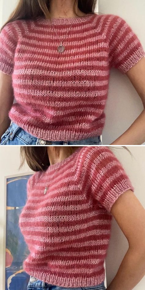 Berry T-Shirt Free Knitting Pattern Knit Shirt Pattern, Knit Top Pattern Free, Knit Top Patterns, Summer Knit Tops, Instruções Origami, Crochet Shirt, Blanket Knitting Patterns, How To Knit, Summer Knitting