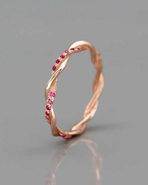 14K Rose Gold Braided Woman Wedding Ring Set with Ruby | Hers Rose Gold Braided Wedding Band Set wit Woman Wedding Ring, Eternity Engagement Band, Braided Wedding Band, Ruby Wedding Band, Ruby Wedding Rings, Ruby Bands, Ruby Wedding, Pink Ruby, 14k Rose Gold Ring