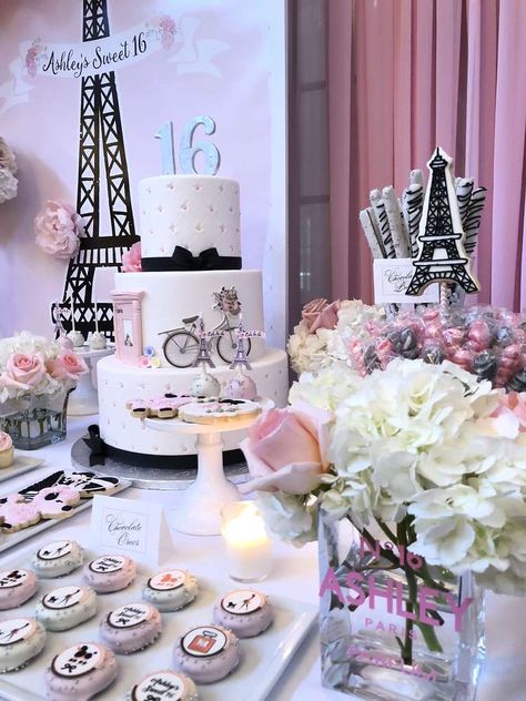 Ashley’s Tres Chic Sweet 16 | CatchMyParty.com Paris Theme Birthday Party Ideas, Birthday Paris Theme, Paris Quinceanera Theme, Paris Party Decorations, Paris Sweet 16, Paris Birthday Theme, Sweet 16 Party Themes, Paris Themed Birthday Party, Decorated Christmas Cookies