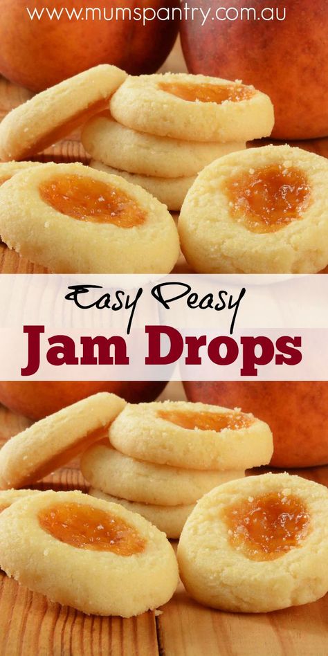 Jam Drops - Mum's Pantry Jam Drops Recipe Easy, Jam Tarts Recipe Simple, Coconut Jam Drops, Jam Drops Recipe, Jam Drop Biscuits, Jam Drops, Easy Custard, Easy Jam, Jam Tarts