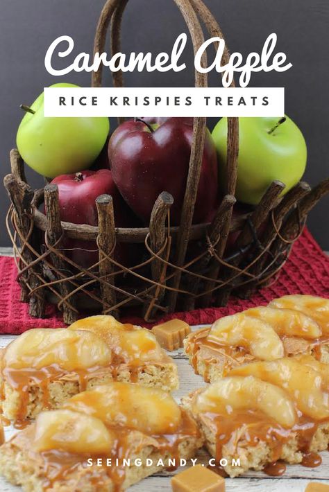 Gluten Free Caramel Apple Rice Krispies Treats - Seeing Dandy Apple Rice Krispie Treats, Gluten Free Caramel Apples, Apple Rice, Gluten Free Caramel, Fun Fall Desserts, Rice Krispie Treats Recipe, Krispie Treats Recipe, Rice Krispies Treats, Krispies Treats