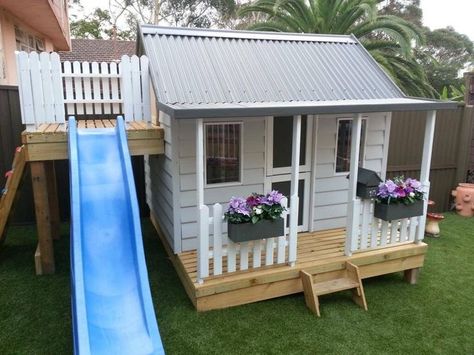 Kids playhouse slide Cubby House Ideas, Children's House, Playhouse With Slide, Garden Playhouse, Playhouse Plans, Diy Playhouse, Backyard Playhouse, Build A Playhouse, Wendy House