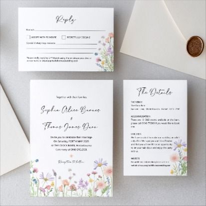 Pastel pink, peach, lilac and yellow wildflower print wedding invitation suite. Shown alongside envelopes and wax seals Evening Wedding Invitations, Wildflower Print, Wildflower Design, Yellow Wildflowers, Printing Wedding Invitations, Wedding Inspiration Summer, Wedding Invitation Card, Pink Lilac, Evening Wedding