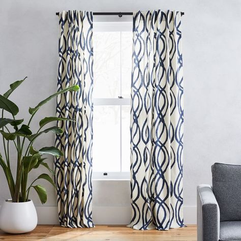 Blue And White Curtains, Modern Window Treatments, Master Bed, Room Curtains, Modern Windows, Living Room Windows, White Curtains, Velvet Curtains, Curtain Patterns