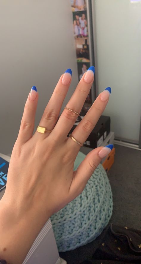 Blue French Tip Nails Medium, Blue French Tip Nails Almond, Blue French Tip Almond Nails, Tip Almond Nails, French Tip Almond Nails, Blue French Tip Nails, French Tip Almond, Blue French Tip, Spring Break Nails