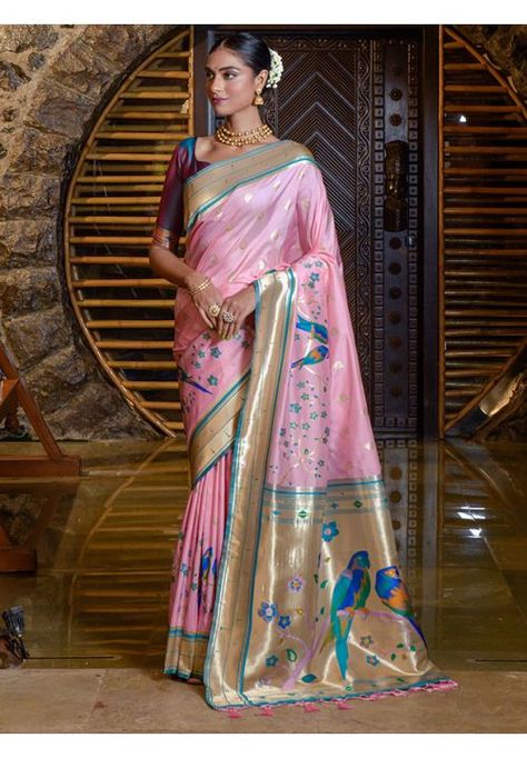 Pink Paithani Silk Zari Woven Saree Pink Paithani, Baby Pink Saree, Paithani Silk Saree, South Silk Sarees, Light Pink Blouses, Paithani Saree, Raw Silk Saree, Indian Sarees Online, Baby Pink Colour