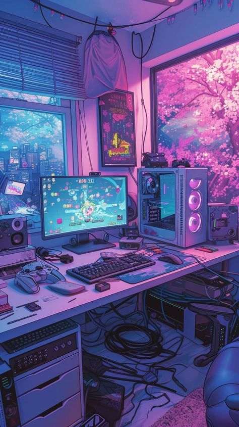 Pc Background Aesthetic, Gaming Room Background, Gaming Room Wallpaper, Magical Bookstore, Cyberpunk Background, Lo-fi Wallpaper, Wallpaper Gamer, Lofi Wallpaper, Lofi Art