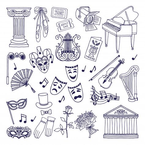 Theatre illustrations set. opera and ballet vector symbols isolate on white Premium Vector Theatre Symbol, Theatre Drawing, Theatre Illustration, Theatre Logo, Vector Symbols, Bestie Tattoo, Voice Lesson, Pes Embroidery, Cool Doodles