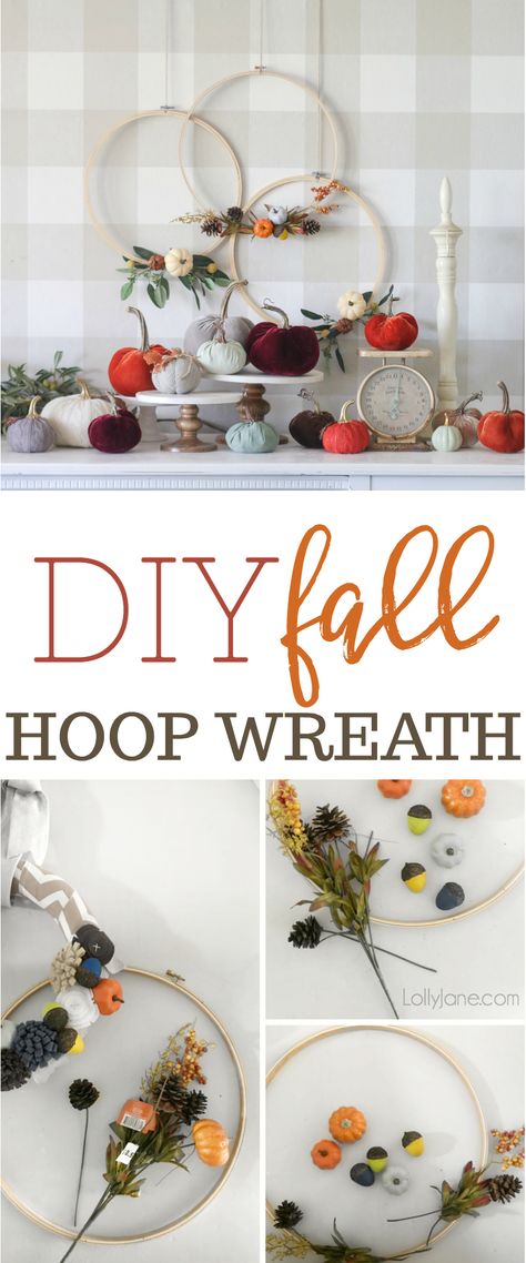 fall embroidery hoop wreath - Lolly Jane Easy Diy Embroidery, Embroidery Hoop Wreath, Couronne Diy, Hoop Wreaths, Thanksgiving Decorations Diy, Door Wreaths Fall, Diy Fall Wreath, Fall Items, Fall Projects