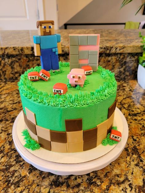 A Minecraft themed birthday cake. Layered carrot cake with cream cheese filling. Frosted with vanilla buttercream. Decorated with green buttercream grass, fondant #6, and Minecraft themed fondant pieces. Layered Carrot Cake, Green Buttercream, Cake With Cream Cheese Filling, Minecraft Birthday Cake, Carrot Cake With Cream Cheese, Minecraft Cake, Minecraft Birthday, Themed Birthday Cakes, Cake With Cream Cheese