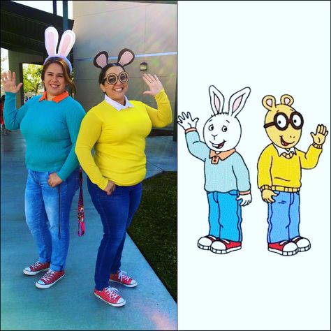 Arthur and Buster Costume #ArthurCostume #DIYCostume #StorybookCharacterCostume Arthur And Buster, Haunted Treehouse, Arthur Halloween, Bookweek Costumes For Teachers, Arthur Halloween Costume, Teacher Halloween Costumes Group, Childrens Book Character Costumes, Arthur Characters, Duo Day