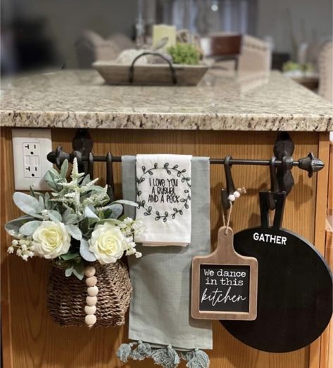 Farmhouse Kitchen Dinnerware, Kitchen Towel Bar Decor, Kitchen Towel Rack Ideas, Kitchen Counter Styling Farmhouse, Kitchen Island Towel Bar, Kitchen Bar Countertops, Farm Style Kitchen Decor, Towel Bar Decor, Kitchen Theme Ideas