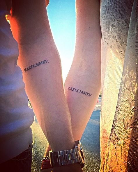 Husband and Wife tattoos of wedding date in Roman numerals:) Tattoo Matching Couples, Husband And Wife Tattoos, Couple Tattoo Heart, Husband Wife Tattoos, Wedding Date Tattoos, Roman Numerals Tattoo, Wife Tattoos, Numerals Tattoo, Tattoo Ideas For Couples