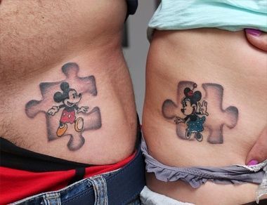 Minnie Mouse Tattoos, Mickey Tattoos, Puzzle Tattoo, Disney Couple Tattoos, Mickey And Minnie Tattoos, Minnie Tattoo, Couple Tattoos Love, Puzzle Tattoos, Couples Tattoo