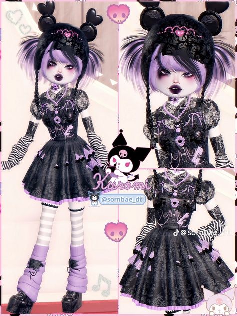 Kuromi Dress To Impress, Sanrio Dress To Impress, Kuromi Outfit, Hello Kitty Dress, Dti Hacks, Dti Ideas, Dti Fits, Aesthetic Roblox Royale High Outfits, Baddie Outfits Ideas