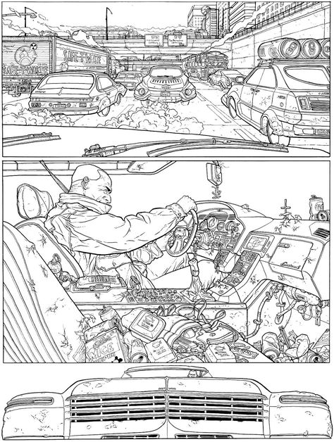 Geof Darrow Shaolin Cowboy, Geoff Darrow, Geof Darrow, Car Chase, Comic Book Layout, Jean Giraud, Comic Layout, Sequential Art, Black And White Artwork