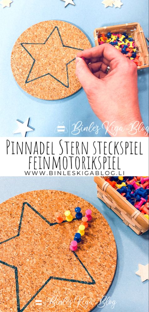 Weihnachtliches Aktiontablett mit Pinnadeln und Korkuntersetzer. #pinnadeln #feinmotorik #aktionstablett #diy #korkuntersetzer #diygame #diyspiel #diyspielzeug #weihnachten #stern #tablett #spielen #spielzeug #feinmotorikspiel #binleskigablog Montessori Diy, Baby Montessori, Nursery Activities, Winter Kindergarten, Preschool Fine Motor, Winter Preschool, Animal Crafts For Kids, Kindergarten Crafts, Math Activities Preschool