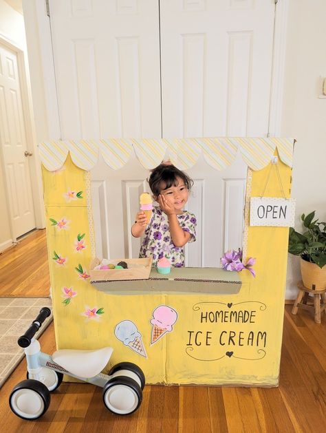 Easy idea for cardboard box ice cream shop. I used tissue paper sheets for the roof. Ice Cream Stand, Diy Cardboard, Cardboard Box, Tissue Paper, Projects To Try