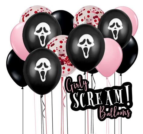 Girly Horror, Black Halloween Party, Horror Themed Party, Scream Mask, Horror Scream, Movie Birthday Party, Halloween Party Balloons, Scream Halloween, Halloween Ghost Decorations