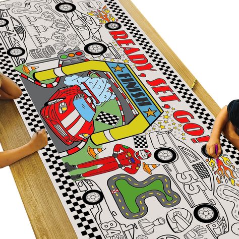 PRICES MAY VARY. RACE CAR THEME - Vroom! Vroom! Our giant race car coloring poster includes everything you might find at a motor speedway. Trophies, traffic cones, tracks, a finish line and of course a driver and his race cars! BIG COLORING BANNER - Your order includes one 30" x 72" inch large paper coloring poster. Its big size doesn't just help create a large arts and crafts area...it also can serve as a tablecloth, keeping your table clean from the kid's messes. FUN KEEPSAKE - After coloring Giant Coloring Poster, Race Car Themes, Car Banner, Coloring Posters, Crayola Markers, Race Car Party, Race Car Birthday, Car Themes, Paper Banners