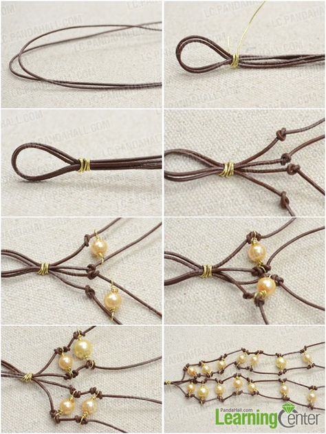 Step 2: make knotted bracelet Pearl Knotting, Bead Bracelet Tutorial, Handcraft Jewelry, Leather Bracelet Tutorial, Knotted Bracelet, Diy Leather Bracelet, Leather Cord Bracelets, Candy Jewelry, Beaded Bracelets Tutorial