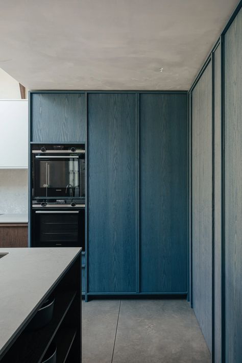 The Highgate Woods House Blue Wood Kitchen, Plywood Closet, Edwardian Terrace House, Woods House, Plywood Interior, Tiny Furniture, London Kitchen, Shelving Design, Kitchen Hoods