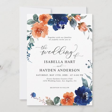 Navy Burnt Orange Floral Rust Orange Boho Wedding Invitation  Zazzle Orange Boho Wedding, Blue Orange Weddings, Orange Weddings, Orange Invitation, Orange Wedding Themes, Dark Blue Wedding, Orange Wedding Invitations, Elegant Floral Wedding, Bench Workout