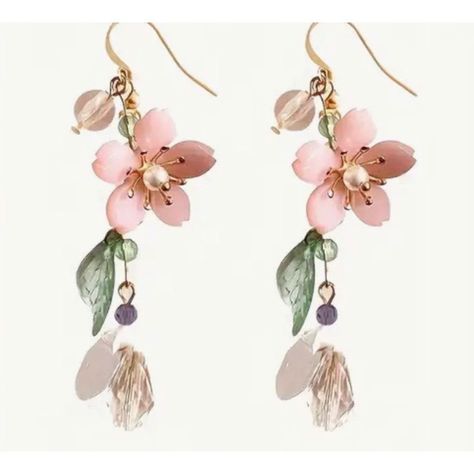 Betsey Johnson Romantic Pink Cherry Blossom Flowers Dangle Earrings With Glamorous Pearl Accents - Unique Asymmetrical Statement Design For Spring Summer Fall Festivities, Ideal For All Occasions Cherry Drop Earrings, Fairy Charms, Tassel Drop Earrings, Holiday Earring, Betsey Johnson Jewelry, Floral Jewellery, Floral Earrings, Girls Jewelry, Ear Jewelry