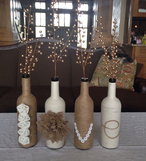 My wine bottle decoration turned out great for the wine-themed shower! I gave it to the bride as a gift then. Roses Party Decorations, Themed Bathroom Ideas, Simple Tablescapes, Liquor Party, Creative Bridal Shower Ideas, Bottle Decorations, Wrapped Wine Bottles, Bridal Shower Wine, Rustic Wedding Gifts