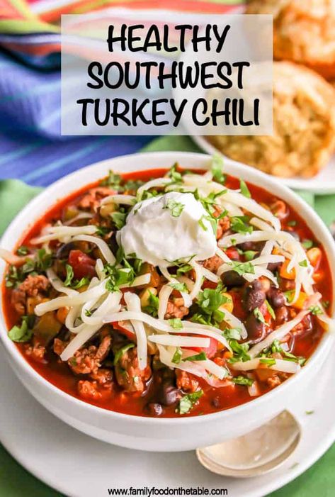 Healthy Southwest Turkey Chili with Corn and Black Beans - Family Food on the Table Chili With Corn, Turkey Black Bean Chili, Corn And Black Beans, Chili Healthy, Turkey Tenderloin Recipes, Healthy Chili Recipe Turkey, Easy Turkey Chili, Turkey Chili Crockpot, Black Turkey