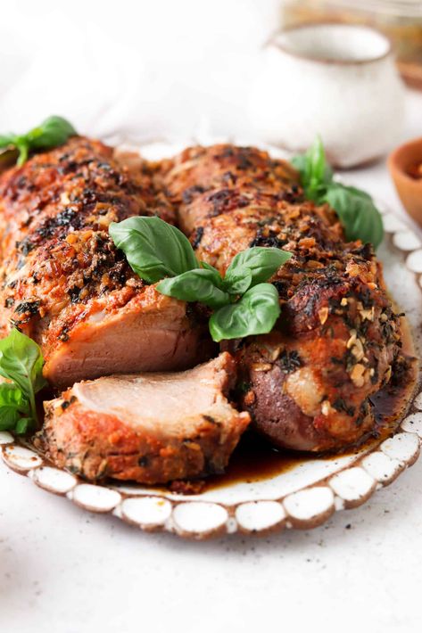 Whole30 Pork Tenderloin With Red Chimichurri Sauce Whole 30 Pork Tenderloin, Whole 30 Pork, Red Chimichurri, Turkey Tenderloin Recipes, Pork Seasoning, Turkey Tenderloin, Whole30 Chicken, Chimichurri Recipe, Pork Recipes Easy