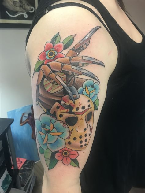 Obsessed with my first large tattoo!! Freddy Krueger, Jason Voorhees Jason And Freddy Tattoo, Physchedelic Tattoos, Freddy Jason Tattoo, Freddy And Jason Tattoo, Freddy Vs Jason Tattoo, Jason Tattoo Friday The 13th, Jason Voorhees Tattoo Designs, Jason Vorhees Tattoo, Shared Tattoos