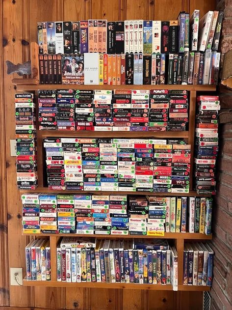 Movie collection in the 90s. VHS nostalgia, video shelf. 1990s Life, Vhs Storage, Vhs Collection, Mood 2024, Dvd Shelves, Physical Media, Cube Shelves, Movie Collection, House Of Cards