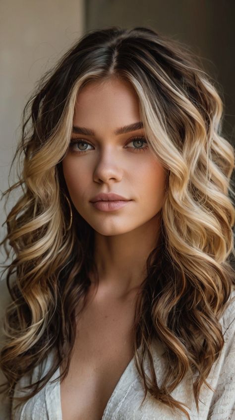 Dark Brown Hair with Blonde Ideas Blonde Highlights Underneath, Hair Loose Curls, Brunette With Blonde, Dark Brown Hair With Blonde, Blonde Balayage Honey, Blonde Peekaboo Highlights, Blonde Hair With Brown, Blonde Sombre, Blonde Ideas