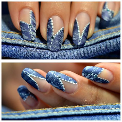 A good pair of jeans will never go out of style, especially when they're on a set of nails. Denim Nails Ideas, Nailart Tutorial, Blue Nail Art Designs, Emerald Nails, Valentine Nails, Heart Nail Art, Nagel Tips, Blue Nail Art, Cute Acrylic Nail Designs