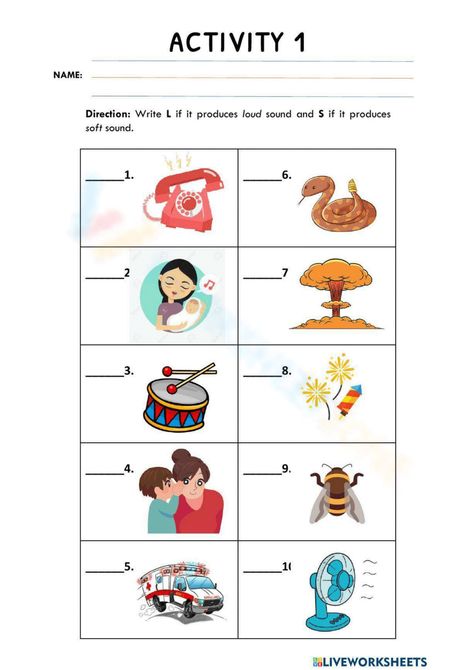 Loud And Soft Sounds Activities, Soft And Loud Sounds Kindergarten, Soft And Loud Sounds Worksheets, Loud Soft, Living And Nonliving, Subject Labels, 1 Worksheet, Science Worksheets, Science For Kids