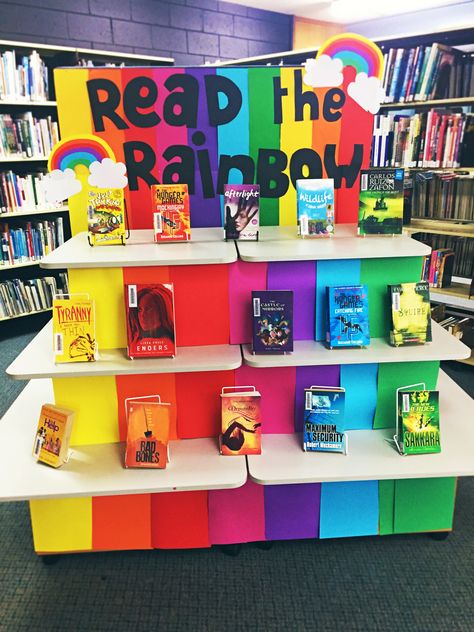 Read A Rainbow Display, Romance Book Display Library, Rainbow Book Display, Read The Rainbow Bulletin Board, Lgbtq Library Display, Rainbow Library Display, Summer Book Displays Public Libraries, Colorful Library Aesthetic, Library Pride Display