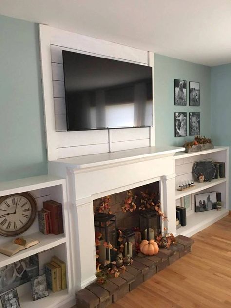 Faux Shiplap Fireplace and Custom Shelves | All Things with Purpose Pottery Barn Faux Fireplace, Fireplace With Low Bookshelves On Each Side, Wall Shelves With Fireplace, Fake Fireplace With Tv Above, Faux Fireplace Tv Wall, Foe Fireplace, Fireplace Wall Shelves, Faux Fireplace Wall, Fireplaces Makeover