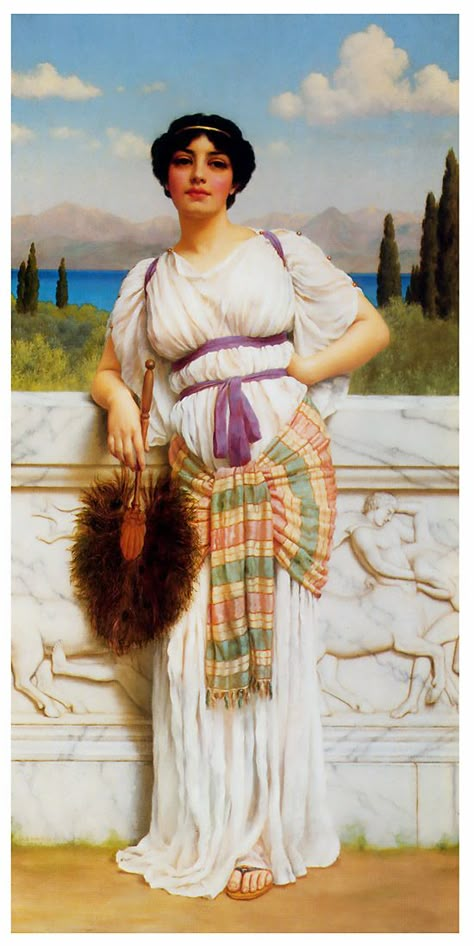 A Greek Beauty by John William Godward William Godward, John William Godward, Lawrence Alma Tadema, Greek Paintings, Pre Raphaelite Art, Greek Beauty, Greek Women, John Everett Millais, Academic Art